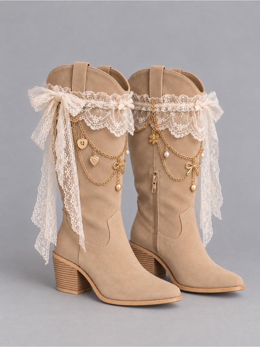 Women's Mid-Calf Suede Western Boots - Beige
